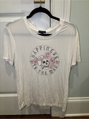 Fifth Sun White Tee with Skull & Pink Rose Graphic